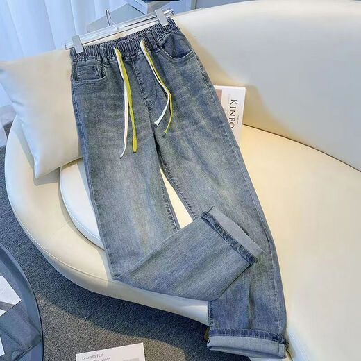 Zhang Fanyu elastic waist jeans for women spring and summer 2025 new high waist loose straight pants casual large size narrow wide leg pants 1105 light blue S 80-95