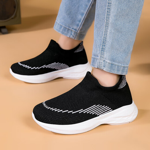 Children's flying knit casual shoes 2025 spring and autumn style multi-walking breathable socks shoes for boys and girls lightweight soft sole pedal 689 white and black 29