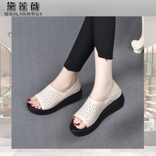 Dailianweist echtes Lederschwamm Sandalen für Frauen im Frühling und Sommer 2025 Neuer Stil Ferse Dicke alleinige Zwei-Wear-Fischschuhe weiße Kaufweißschuhe für Frauen schwarz 35 225 mm