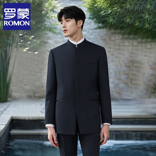 ROMON slim-fitting stand-collar youth tunic suit for men, groom, wedding Chinese suit, Chinese style gentleman suit, black top, single piece XL