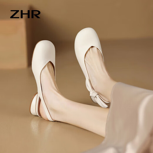 ZHR single sandals for women summer sweet bow single shoes women's fashionable toe thick heel women's shoes Y702 beige 35