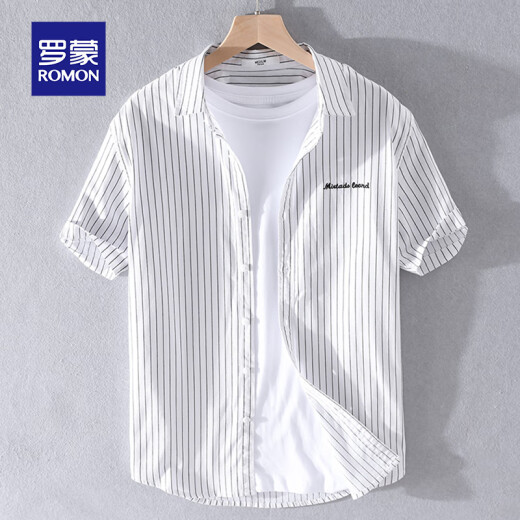 Camisa rayas para hombres Lomon Manga corta Summer suelta delgada camisa de algodón versátil de algodón de algodón