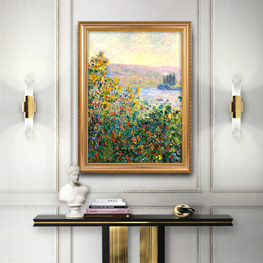 帝旗莫奈世界名画 维特依花岛 手绘油画风景画玄关装饰画饭厅餐厅挂画 692金实木框 60X80