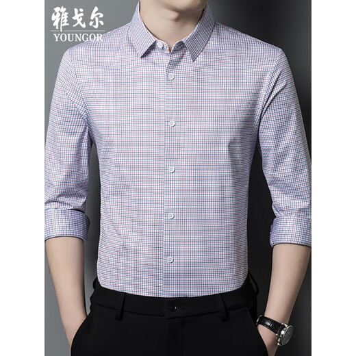 CEO Yageol Mulberry Silk Long Sleeve Shirt Herren Frühlings- und Herbst-Business Casual Top Middle Age's Plaid No-Eisen-Hemd rotes Plaid By901 Plaid Shirt 165/84a