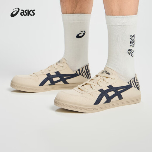 亚瑟士ASICS板鞋男女同款情侣一脚蹬帆布鞋休闲鞋运动鞋 AARON SLIP-ON 米色/藏青色 42.5