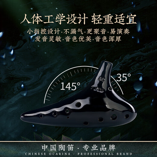TNG 陶笛12孔中音专业陶笛十二孔熏烧黑陶初学乐器配陶笛教材 磨砂黑AC中音C
