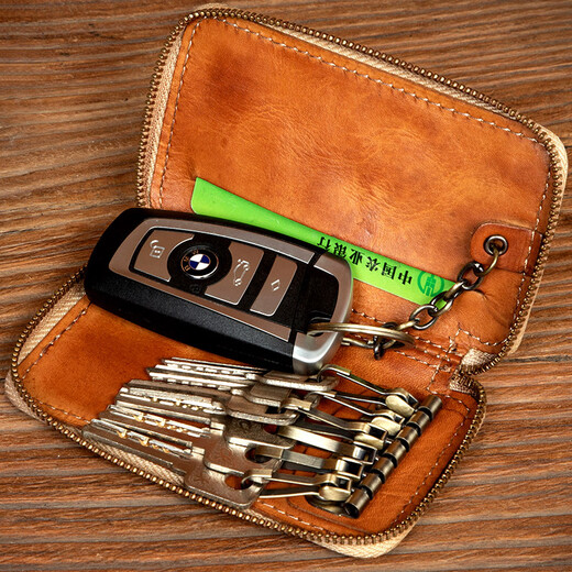 Langsame Zeit Retro Trendy handgefertigtes Leder-Schlüsselbeutel Multifunktionaler Headleder Key Bag Taille Hanging Car Lock Bag Männer und Frauen hellbraun