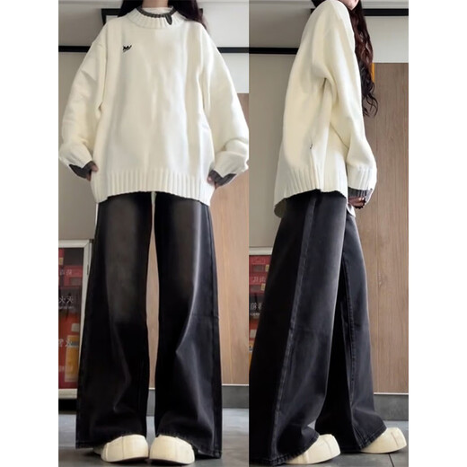 Cantu Xiaoxiangfeng round neck sweater for women autumn and winter new fake two-piece long-sleeved sweater small loose coat women's white long-sleeved sweater S recommended 90-105Jin Jin equals 0.5 kg