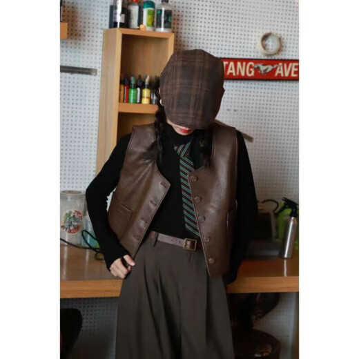 
Mancaoko vest women's fashionable PU leather vest spring and autumn short British retro vest round neck versatile simple and fashionable jacket, brown color_coffee 9893# round neck leather vest L__111-125Jin[Jin equals 0.5 kg]