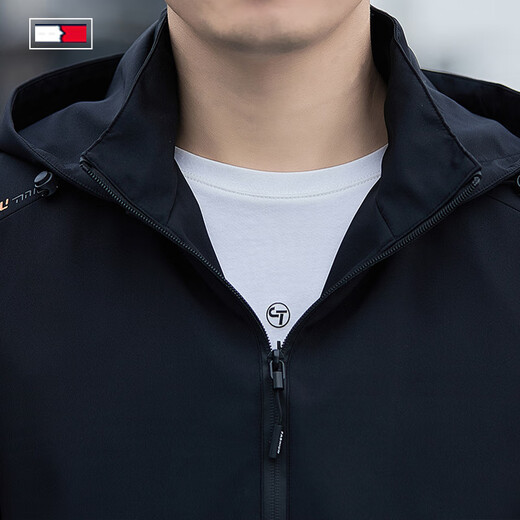 TOME BORNEK American Tommy brand spring and autumn men's casual jacket 2025 new hooded removable hood men's jacket short black velvet 2XL (recommended 136-150Jin Jin equals 0.5 kg)