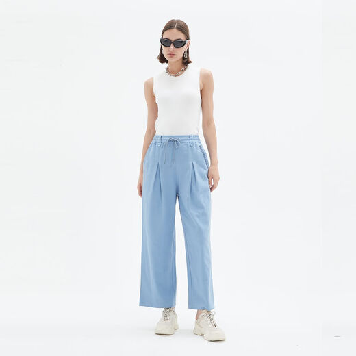 KANG S WONDERLAND star's same style American light luxury printed wide-leg pants with straps khaki casual pants washed cotton pants blue L