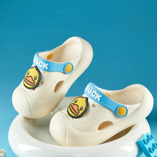 B.Duck小黄鸭童鞋儿童拖鞋2025夏季新款透气防滑洞洞鞋男女大童花园鞋 米白 20 内长约15cm