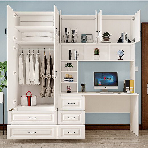 Qiangxiang Desk Bookshelf Integrated Desk Children's Computer Desk Desk Simple Home Student Writing Desk Wardrobe Combination FL3 Style 1 W2200*D550*H2200