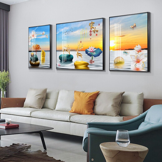 Tongdi Moderne einfache Wohnzimmer Dekoration Malerei Sofa Hintergrund Wandmalerei Gemälde Neue chinesische Stil Glattes Hängsmalhalle Wandmalmalerei 9 Zuhause und Reichtum 15686 Porzellan Diamant Inlay in der Mitte 140*90 Seite 70*90 Gold Rahmen