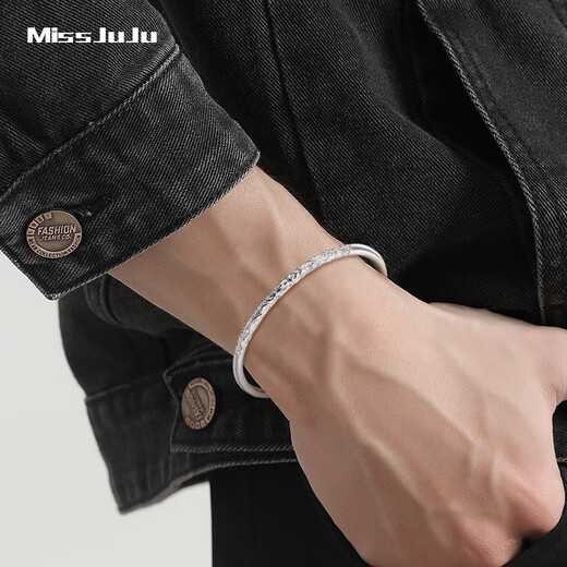 Miss JuJu pt950 platinum solid bracelet, white gold round bracelet, smooth carved plain ring bracelet for men and women, available in 2 materials: PT999 and PT950