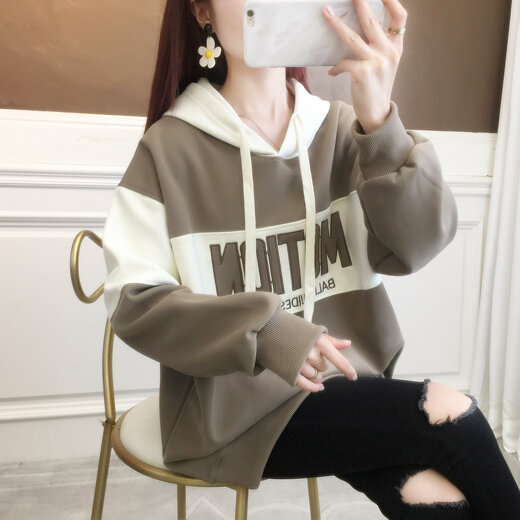 兹奈儿卫衣女加绒春秋季新款中长款连帽宽松冬季女生学生上衣外套LJ9858 米白色 S（建议90-100斤