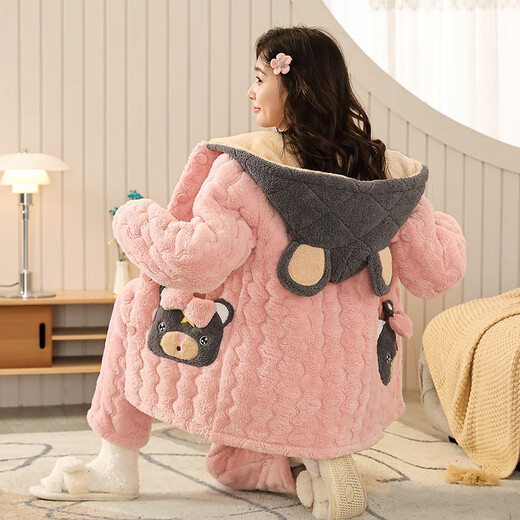 
Autumn and winter style girls pajamas for girls in winter plus velvet thickened coral velvet three-layer cotton girls home clothes for junior high school students MQ 6629 Women's style XL (170CM recommended weight 110-130)