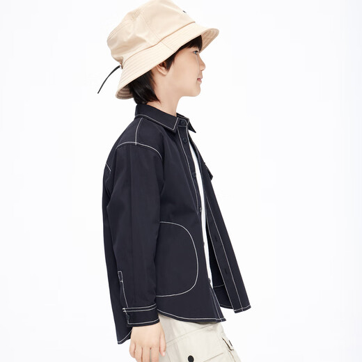 Little MO&Co. Children's clothing spring and autumn boys' pure cotton long-sleeved shirt crisp jacket children's shirt medium and large children black 120 120/60