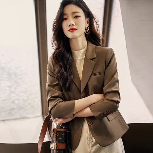 Punizi marrón chaqueta de traje pequeño para mujeres en primavera y otoño 2025 Nuevo traje de temperamento corto de gama alta informal 689# marrón Traje de tres pines XL