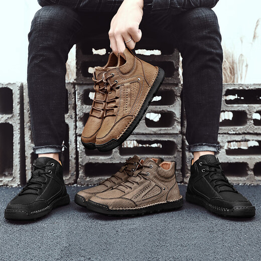 Région occidentale Camel (Vancamel) Cowhide 48 Chaussures pour hommes de grande taille Coux faits à la main chaussures haut de gamme Martin Boots en cuir authentique pour hommes plus velours