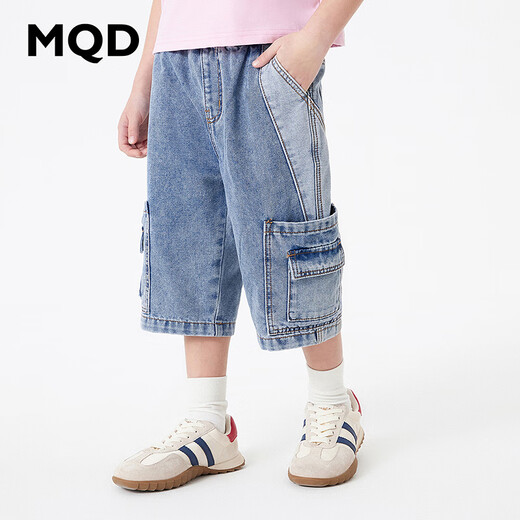 MQD童装男大童潮酷工装牛仔长裤24夏儿童拼接面料时尚裤子男 中牛仔蓝 130