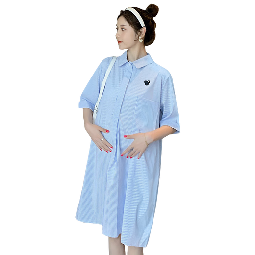 猫人（MiiOW）孕妇夏装连衣裙条纹翻领衬衫裙女宽松中长款夏天裙子 蓝色条纹L