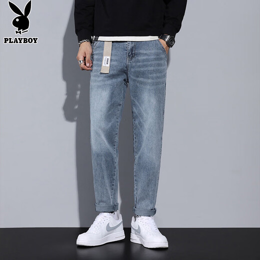 Playboy (PLAYBOY) jeans men's autumn and winter casual pants men's trendy brand loose straight men's pants light blue 32