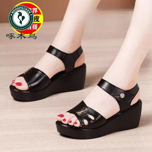 Holzspecker Echtes Leder mit weicher Locked Heeled Mutter Sandalen für Frauen im Sommer Neue wasserdichte Plattform Dick-Soled Anti-Rutsch mit mittlerem Haufen Fischsandalen mit mittlerem Haufen schwarze 38 38