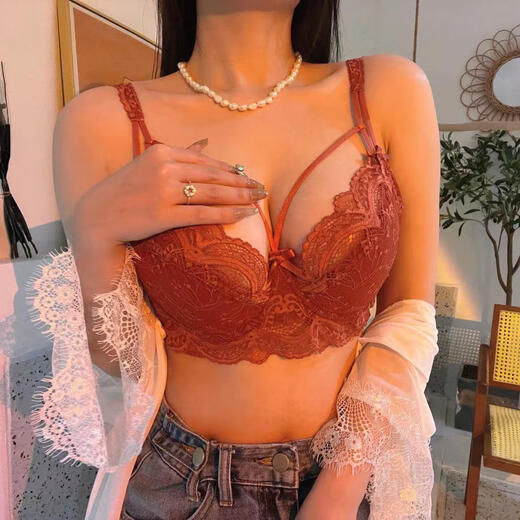 Tingmei (GRACWELL) underwear women's large size French pure lust style sexy lace big breasts showing chubby soft steel ring bra set black set 42/95B