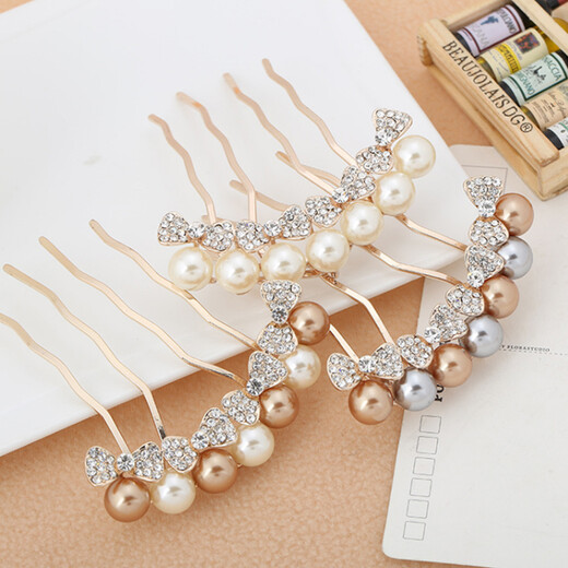 Qianbaolai Korean hair accessories rhinestone imitation pearl bow hair comb hair accessories popular women's four-tooth hair comb white