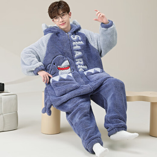 少年情话男士睡衣珊瑚绒秋冬款加绒加厚青少年休闲家居服套装可外穿连体衣 YPF3892鲨鱼 男XL(130-155斤)