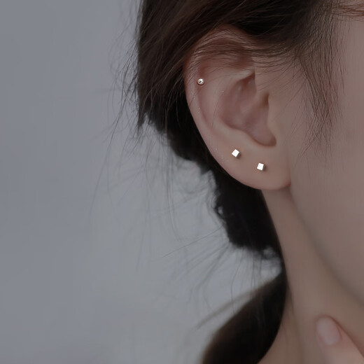 Qian Sheng Yuan Pure Silver Earrings 9999 Pure Silver Miss Z S999 Earrings for Women 2024 New Earrings Earrings for Sleeping No Picking Earrings Square + Round Beads Silver Two Pairs (Price of 4)