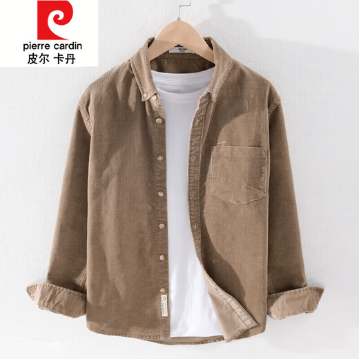 皮尔卡丹（pierre cardin）春秋季加绒长袖衬衫男灯芯绒外套加厚宽松休闲条绒棉衬衣纯色上衣 9755款-卡其色 常规 M 【105左右】