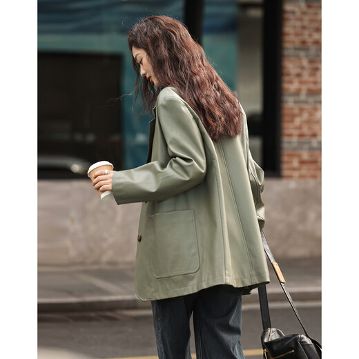 Demana [Grey Green Pu Leather Suit Jacket] Spring and Autumn New Lazy and Easy Style Cool Girl Jacket Women