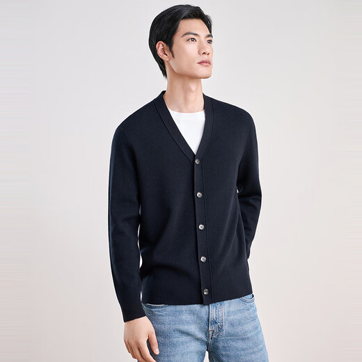 Hengyuanxiang Basulan worsted wool sweater men's machine washable sweater solid color casual V-neck sweater cardigan black navy L /175/92A