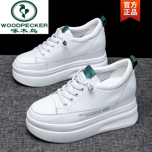 
Woodpecker women's shoes genuine leather inner height-enhancing women's shoes invisible and lightweight, small and versatile super hot white shoes 10 thick-soled sponge cake shoes all black 10CM [677 leather surface] 37