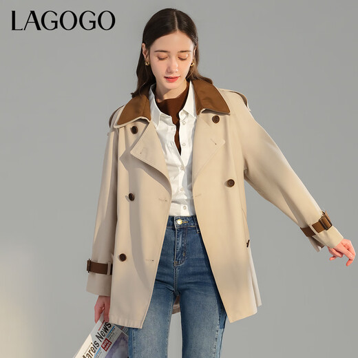 lagogo英伦风气质休闲风衣拉谷谷春秋新款时尚撞色长款外套女 米灰色(R5) S