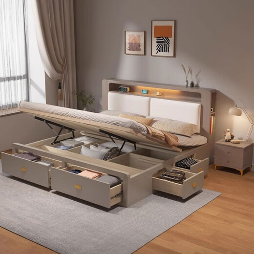 Yu feiqi nordisch multifunktions weiches massives Holz Doppelbett moderne einfache Hochkasten Nachtlichtladung Hochzeitsbett 9905# Bett + 20 cm Latex Spring Matratze 1,8*2,0 m (Schublade mit Schwanzauslosung)