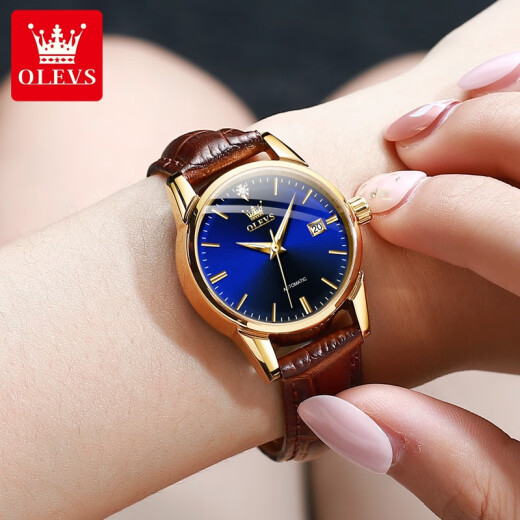 
OLEVS Swiss certified brand watch women's fully automatic mechanical watch calendar luminous waterproof high-end quartz watch [Mechanical watch] Brown leather gold blue surface-6629
