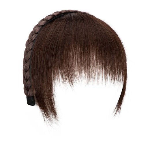 Dragon Girl Douyin's same braided headband with bangs integrated real hair front forehead curtain and sideburns to cover white hair and broken bangs wig piece real hair style - dark brown A29-201