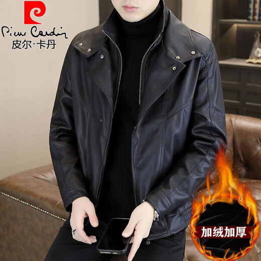 皮尔卡丹（pierre cardin）冬季加绒皮衣男痞帅个性西装领假两件感皮夹克防风机车服外套 卡其/ 加绒 L 90-110斤左右