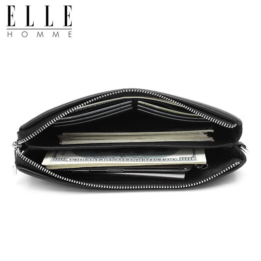 ELLE HOMME men's handbag, top layer deer leather zipper wallet, large capacity clutch bag, fashionable men's bag, EB282300450 black, birthday gift for boyfriend