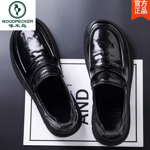 Woodpecker soft sheepskin shoes for men, genuine leather feet, wide toe, formal business men's shoes, thick sole slip-on casual loafers, black 41