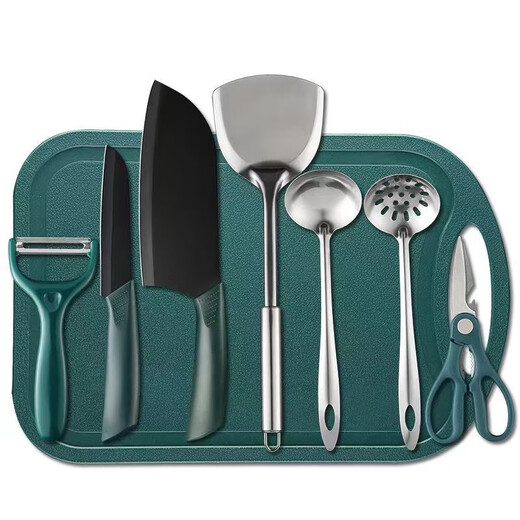 失传者菜刀菜板刀具不锈钢厨具加厚套装家用刀锋利切片刀切菜板宿舍厨房 墨绿菜板两件套+锅铲小勺