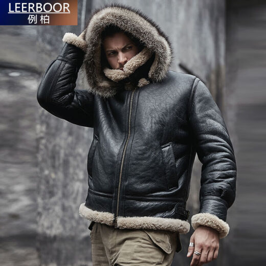 Leerboor brand men's jacket genuine leather leather jacket men's hooded thickened flight suit fur one-piece men's short hunting suit fur winter repair black 165/S