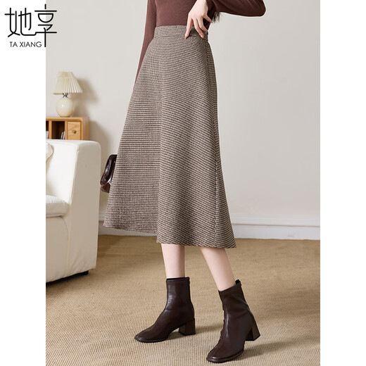 She enjoys woolen skirt female Maillard plaid woolen A-line skirt retro mid-length umbrella skirt T144B6003
