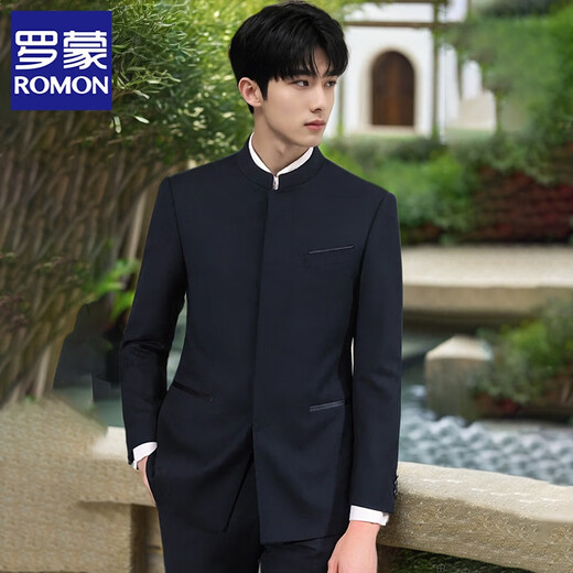 ROMON slim-fitting stand-collar youth tunic suit for men, groom, wedding Chinese suit, Chinese style gentleman suit, black top, single piece XL