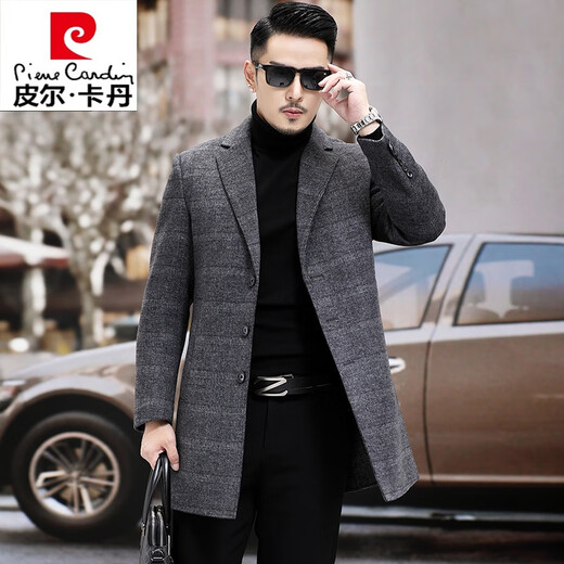皮尔卡丹（pierre cardin）冬季双面羊绒大衣男中长款加厚鹅绒内胆男士高端羊毛呢外套西装领 黑色 170/M