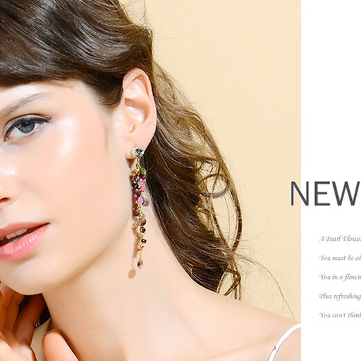 Luo Man Shi Tourmaline Crystal Earrings Women's S925 Silver Korean Long Tassel Bohemian Exaggerated Earrings No Ear Holes Ear Clip Style