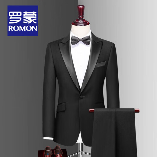 ROMON high-end customized groom's suit men's three-piece Korean version slim wedding small suit men's tuxedo dress black lapel collar = single suit + shirt 52/2XL size